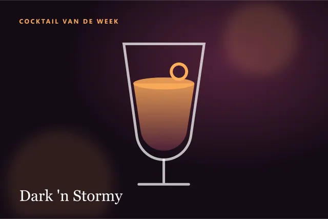 Donkere digitale serveersuggestie van een Dark 'n Stormy in een highballglas.