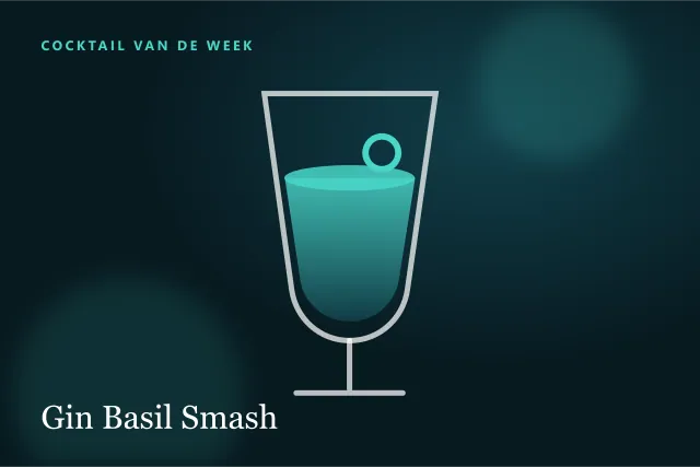 Donkere digitale serveersuggestie van een Gin Basil Smash in een tumbler.